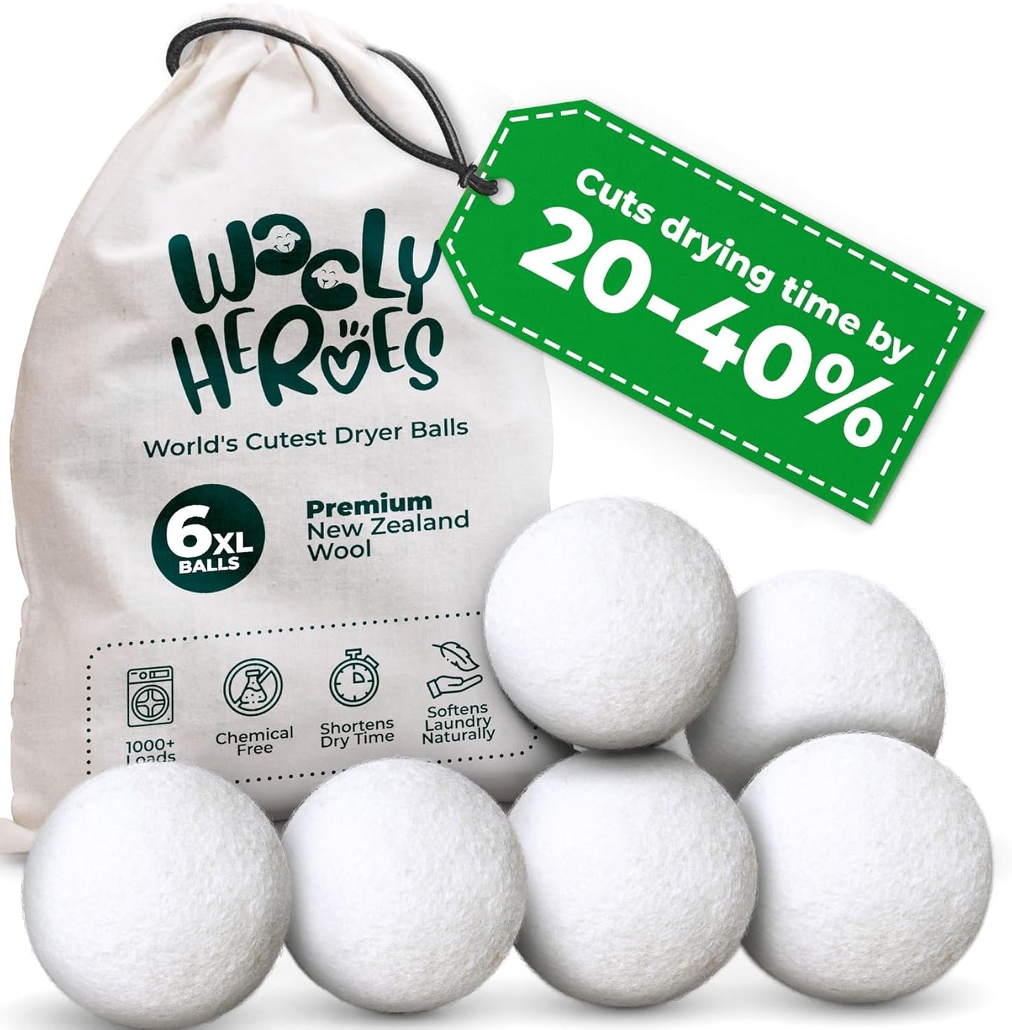 No More Dryer Sheets! Reusable Wool Dryer Balls XL 6-Pack - Reduces Static, Cuts Dry Time, & Softens Naturally