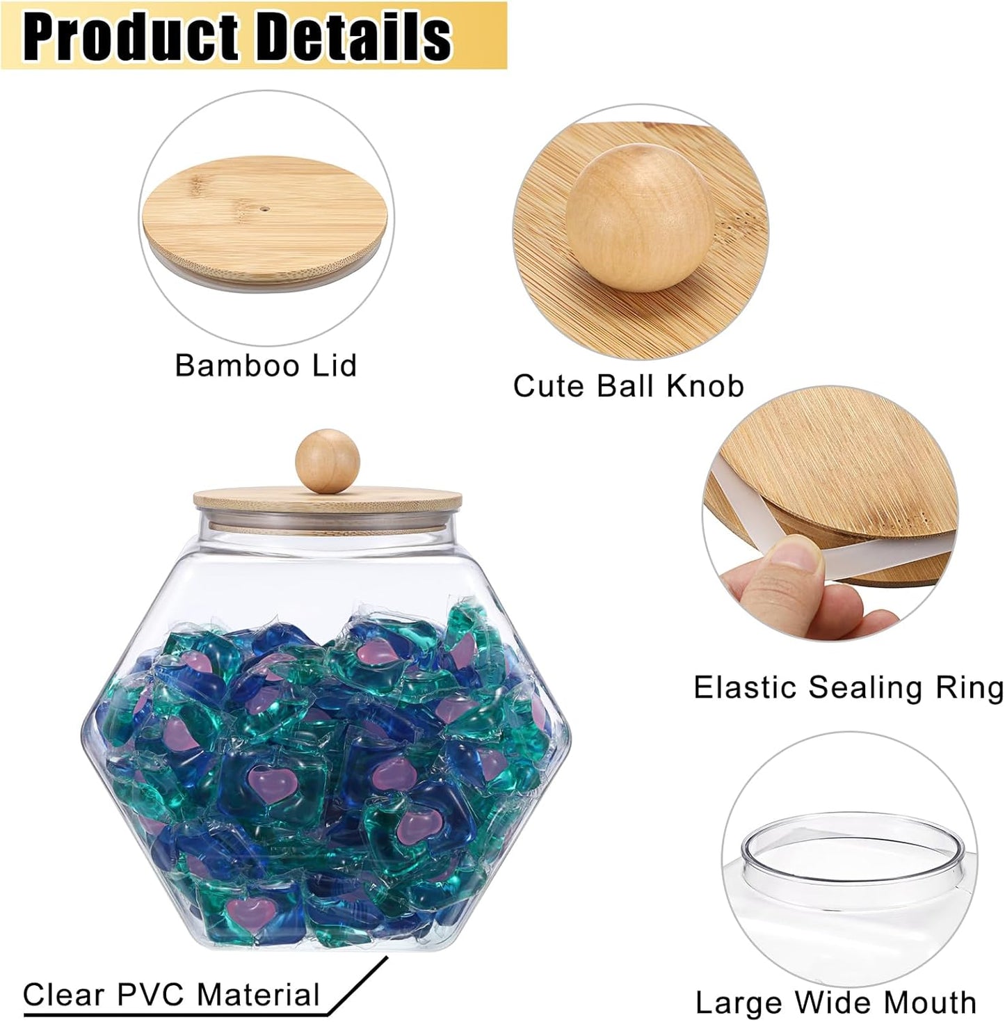 Sumnacon Laundry Pods Container with Wooden Lid, Plastic Laundry Room Organization Jars Farmhouse Wide Mouth Laundry Storage Containers Clear Laundry Pods Holder for Dryer Balls, Beads, Powder