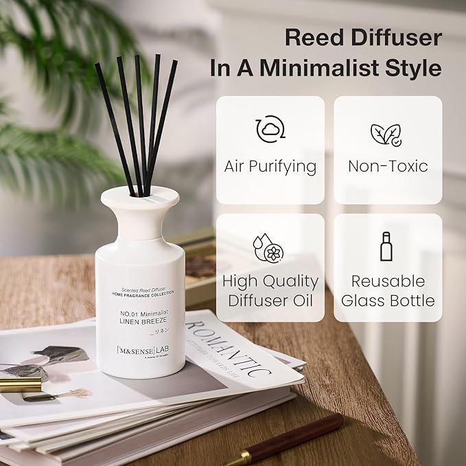 M&SENSE Minimalist Large Reed Diffuser 300ml, Linen Breeze Scented with Natural Essential Oils, Long Lasting with 7 Sticks, Non-Toxic Home Fragrance for Bedroom, Bathroom Decor