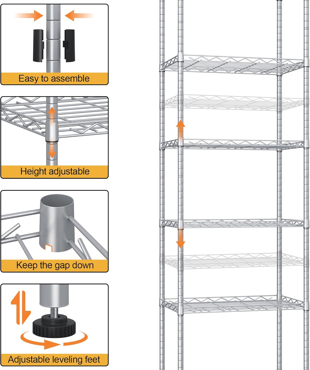 HOMEFORT 6-Shelving Unit, Adjustable Wire Shelving, Metal Wire Shelf Rack Organizer for Kitchen, Pantry, Closet, Bathroom, Laundry, Sliver,21" W x 11" D x 69" H