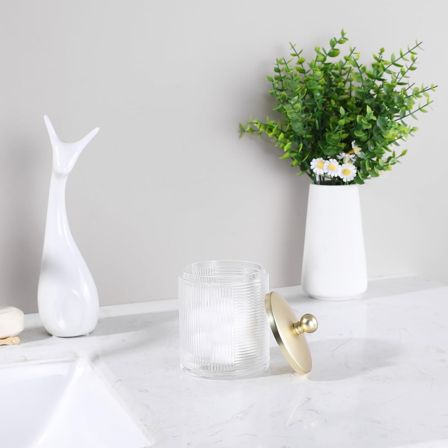 Clear Transparent Apothecary Ribbed Geometric Etched Glass Jar W/Gold Lid Cover for Bathroom Organization, Cotton Balls, Q Tips, and Small Accessories, Bathroom Storage