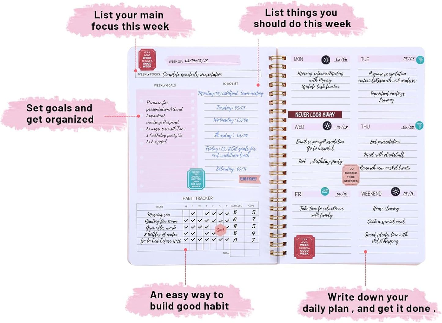 Undated Weekly Planner with Habit Tracker, 52 Weeks To Do List Notebook A5 Weekly Goal Planner with Spiral Binding & Stickers Home Work School Supplies for Women Girls 8.2" x 5.7" - Cute Style
