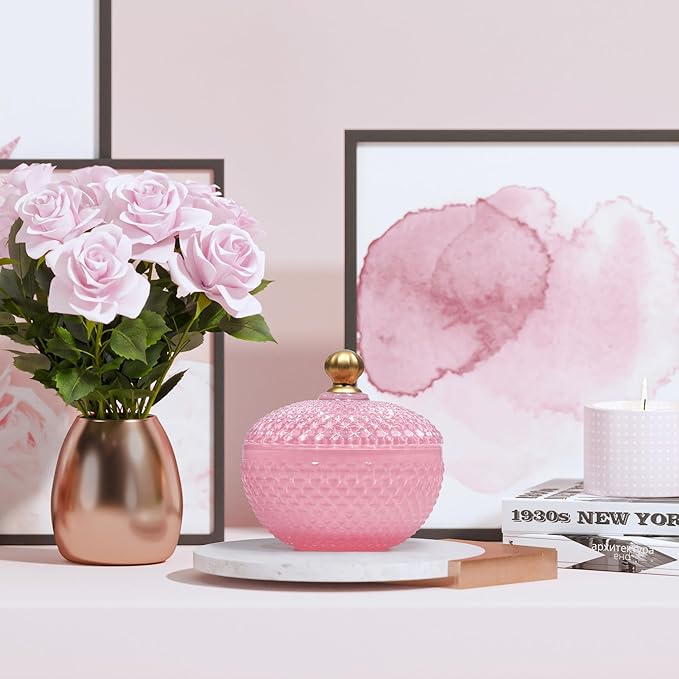 Joeyan 12 oz Small Pink Glass Jewelry Box Jars with Lid,Embossed Glass Candy Dishes,Diamond Faceted Food Container,Decorative Apothecary Canisters,Colored Kitchen Bathroom Buffet Storage Organizer