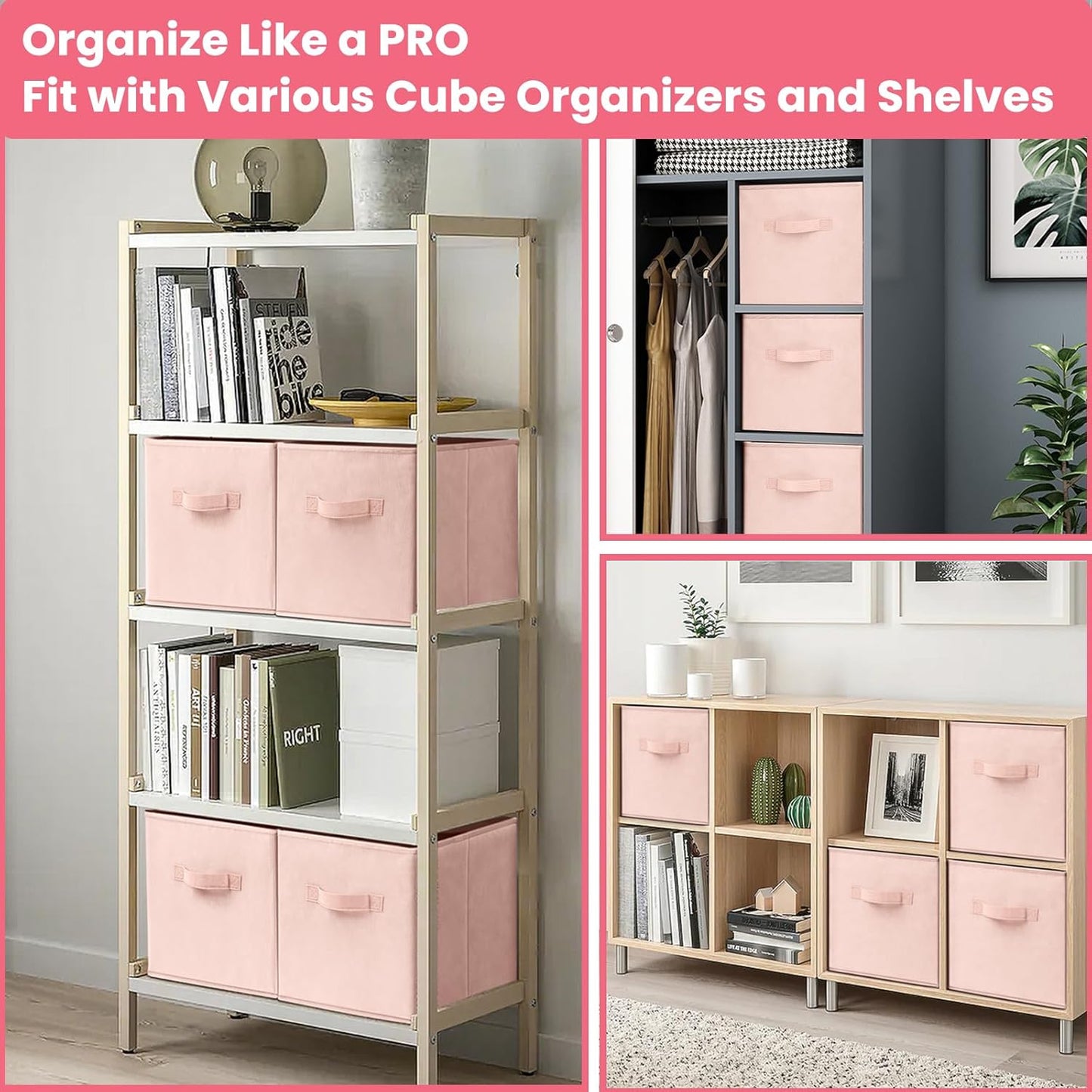 Criusia Storage Cubes- 11 Inch Cube Storage Bins for Organizing Shelves - Nursery Closet Organization Bins for Clothes Blanket - 10 Pack Collapsible Decorative Storage Box for Living Room (Pink)