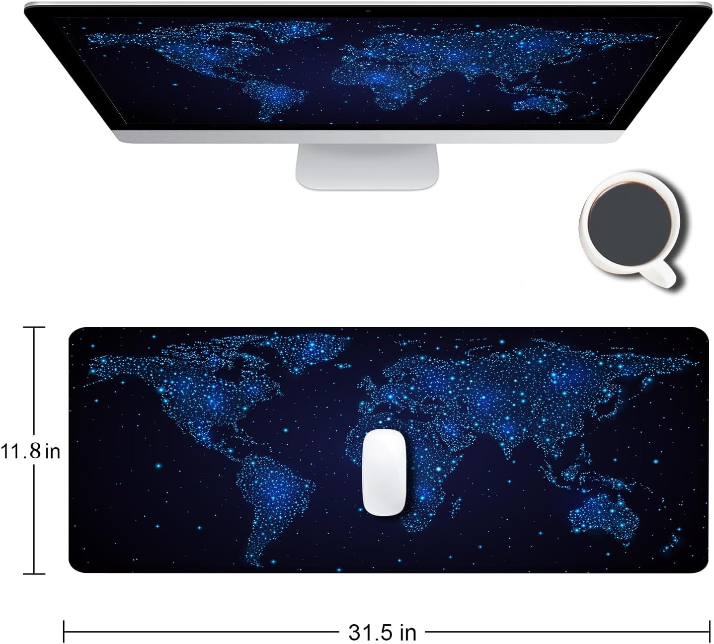 Large Gaming Mouse Pad with Stitched Edges, Desk Pad Extended Keyboard Mat, Non-Slip Rubber Base Mousepads for Laptop, Office, Home, 31.5X11.8 inch Galaxy World Map