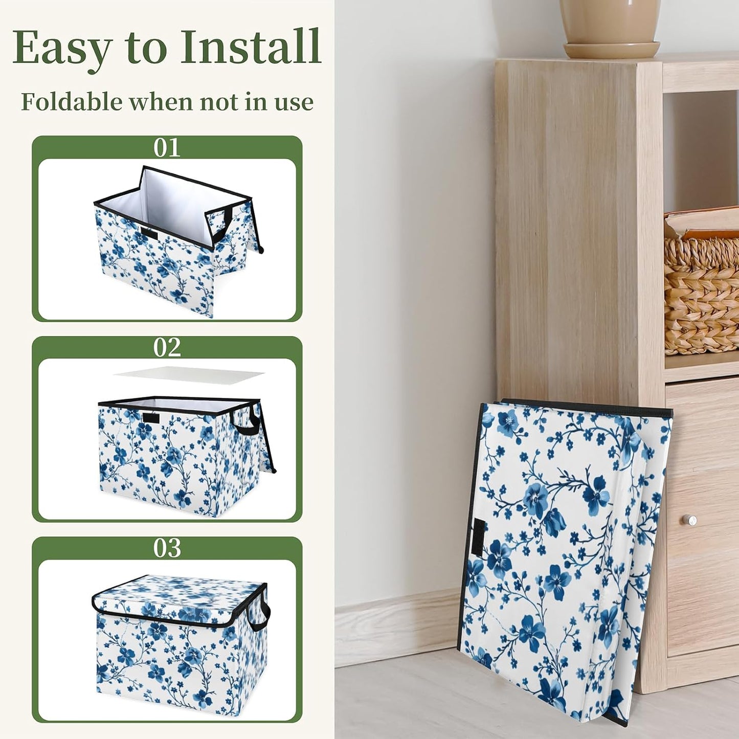 Closet Storage Bins Storage Baskets for Organizing with Flip-Top Lid & Handles, 27 Quart Large Linen Closet Organizers and Storage Cubes, Decorative Wardrobe Boxes for Organization (Blue Plum Flowers)