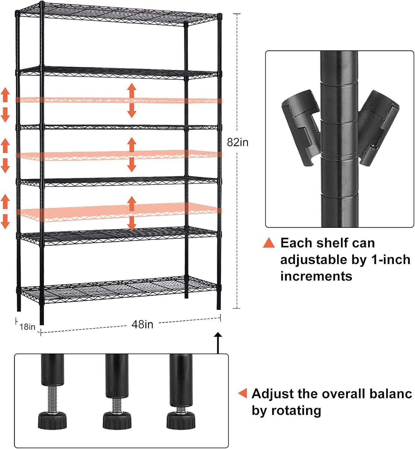 6-Tier Storage Shelves NSF Certified Wire Shelving Unit on Wheels Heavy Duty Metal Shelves Adjustable Steel Shelving 2100Lbs Capacity for Closet Pantry Basement- (18"x48"x82", Black)