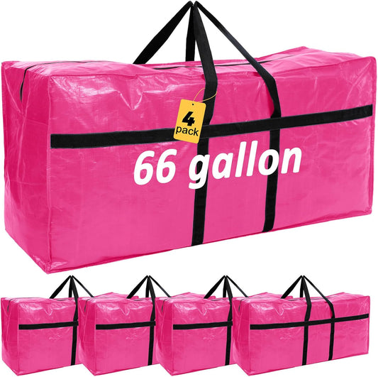 4 Pcs 66 Gallon Large Moving Bags with Zipper and Handles Foldable Storage Duffle Bags Heavy Duty Extra Large Totes for College Dorm Travel Clothes Blankets Bedding Moving (Pink)