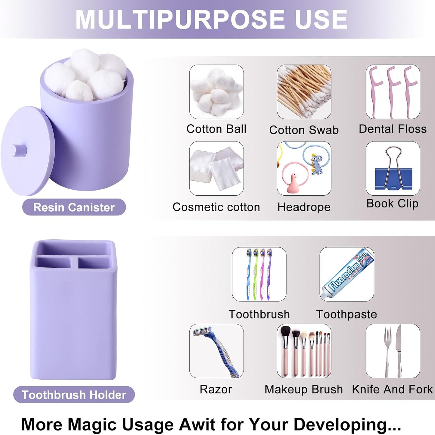 Resin 6 Pcs Purple Bathroom Set Complete with Toothbrush Holder, Lotion Soap Dispenser, 2 Qtip Holder Dispensers,Vanity Tray,Bathroom Tumbler - Countertop Vanity Organizer - Bathroom Accessories