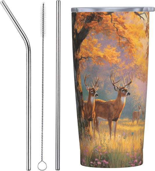 Deer Tumbler with Lid and Straw 20oz Insulated Reusable Stainless Steel Travel Mug Double Wall Vacuum Coffee Cup for Hot Cold Drinks Leak-Proof Portable Cups for Women Men Gifts