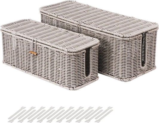 BROWNLILY Cable Management Box, Rattan Style Cord Organizer for Desk Cord Hider Outlet Covers Baby Proofing for Power Strip TV PC Router Charger Under Desk Storage with Lockable Lid and Cable Ties
