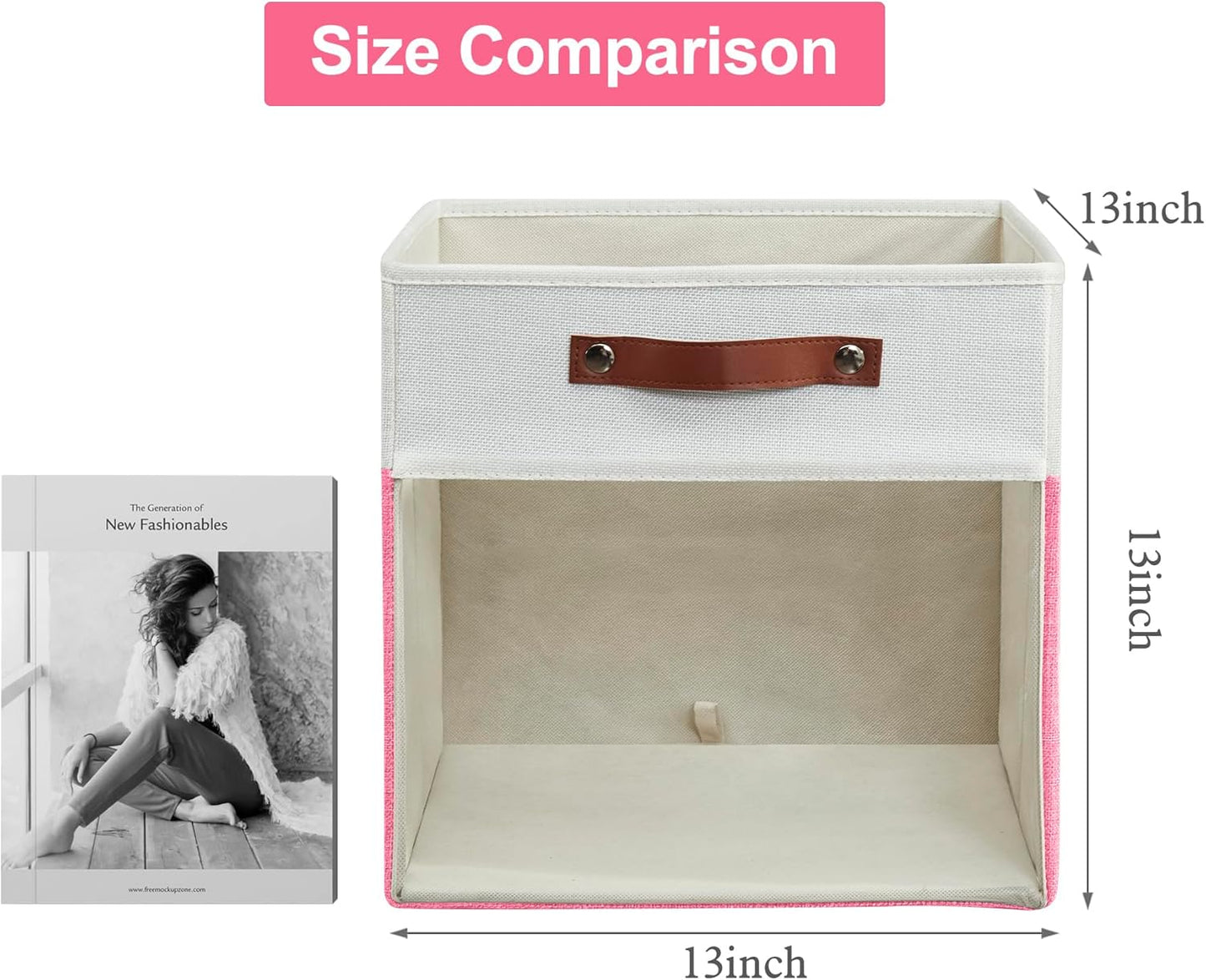 Storage Cubes, 4 Pack Linen Foldable Storage Bins (13 x 13 inch) with Clear Window and Handles, Fabric Organizer for Shelf Closet, Clothes, Books - (Pink and White)