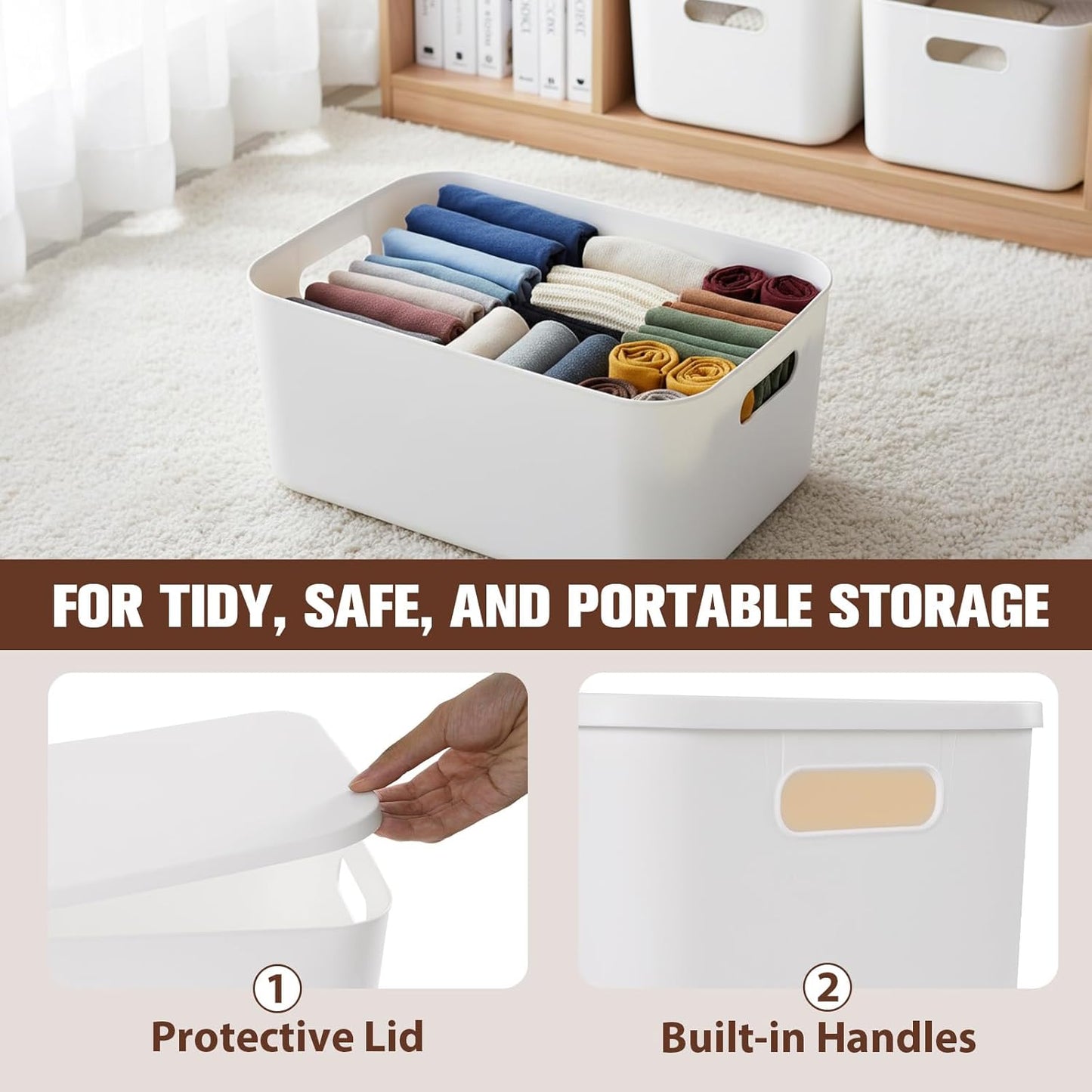 ANMINY 12PCS Plastic Storage Bins Containers with Lids, Large White Storage Organization Bins Boxes, Lidded Plastic Storage Baskets for Closet Shelves Drawers Desktop Home Office, White