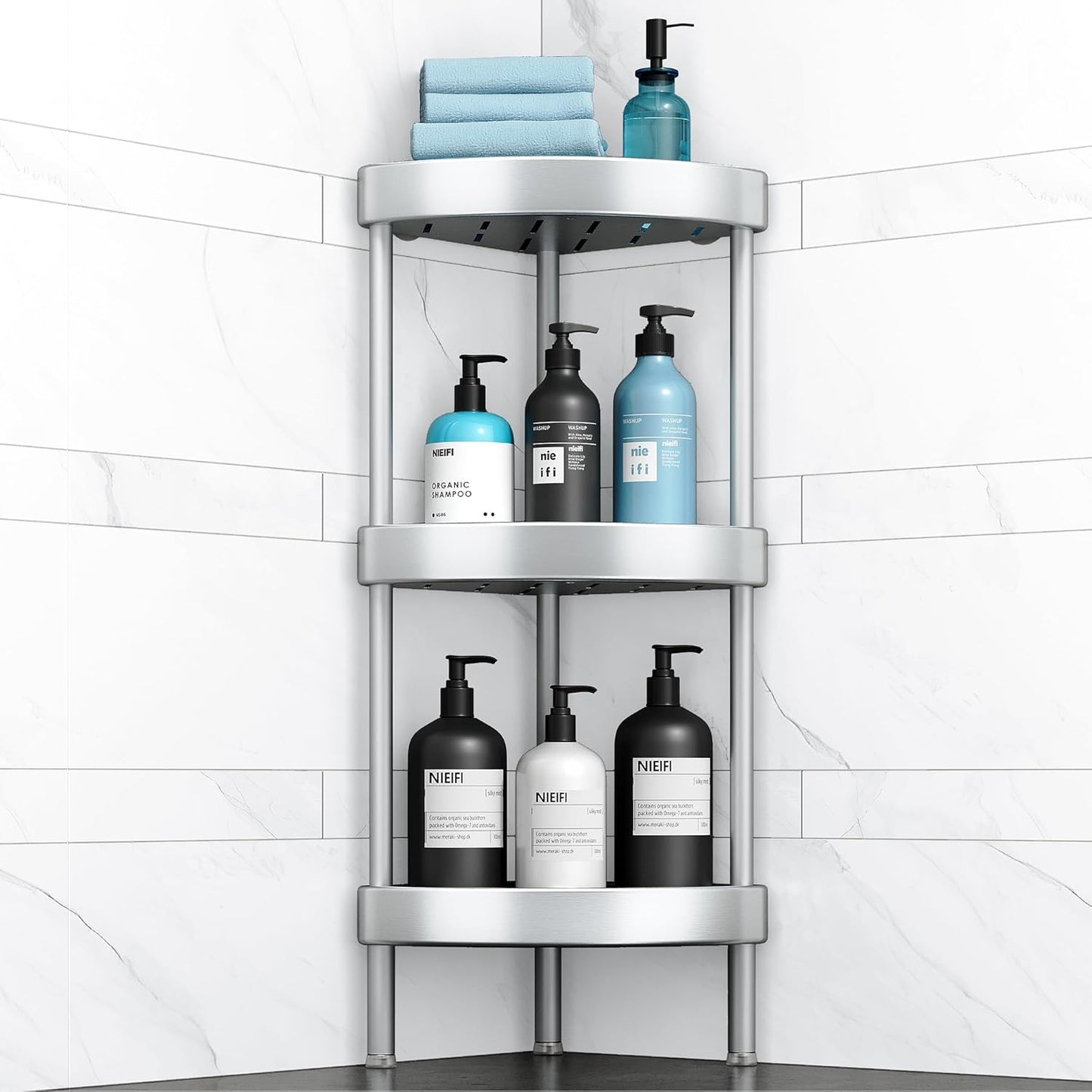 Nieifi Corner Shower Caddy Stand-3 Tier Rustproof Anodized Aluminum Standing Shower Organizer-Shower Caddy Corner-Dual Stability to Anti-Shaking-Height-Adjustable Legs for Uneven Surfaces-Silver
