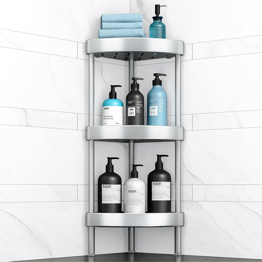 Nieifi Corner Shower Caddy Stand-3 Tier Rustproof Anodized Aluminum Standing Shower Organizer-Shower Caddy Corner-Dual Stability to Anti-Shaking-Height-Adjustable Legs for Uneven Surfaces-Silver