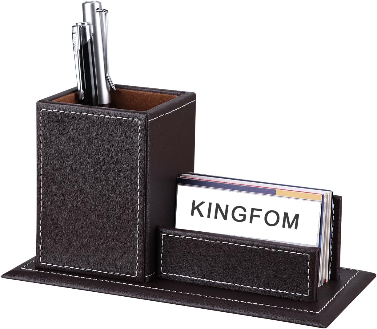 KINGFOM PU Leather Desk Organizer and Accessories, Pencil Holder for Desk with Business Cards Stand, School Office Supplies Collection Caddy Brown