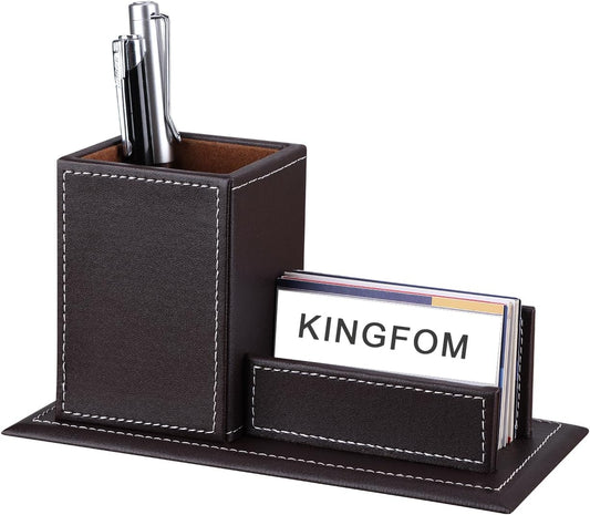 KINGFOM PU Leather Desk Organizer and Accessories, Pencil Holder for Desk with Business Cards Stand, School Office Supplies Collection Caddy Brown