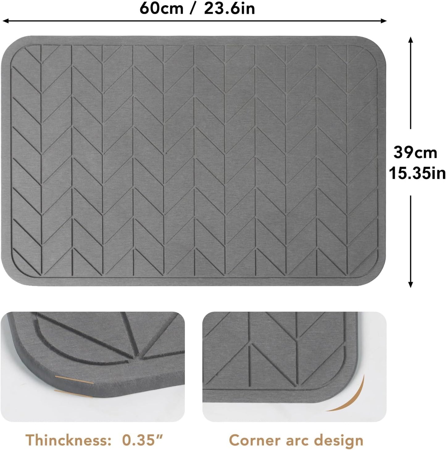 Stone Bath Mat, Diatomaceous Earth Shower Mat, Non-Slip Super Absorbent Quick Drying Bathroom Floor Mat, 2 Pack, Grey