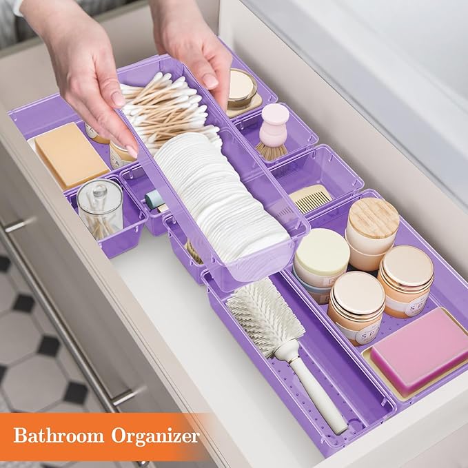 25 PCS Plastic Drawer Organizer Set, 4-Size Versatile Organizer Trays & storage Bins for Makeup, Jewelry, and Gadgets in Bathroom, Bedroom and Office,Clear Purple
