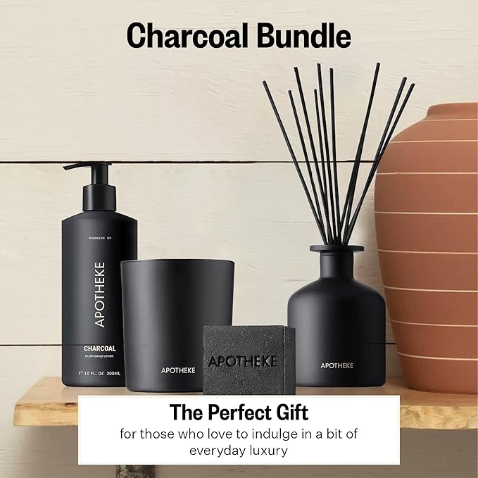 Apotheke Charcoal Bundle with Scented Candles, Oil Reed Diffuser, Body Lotion & Body Bar Soap