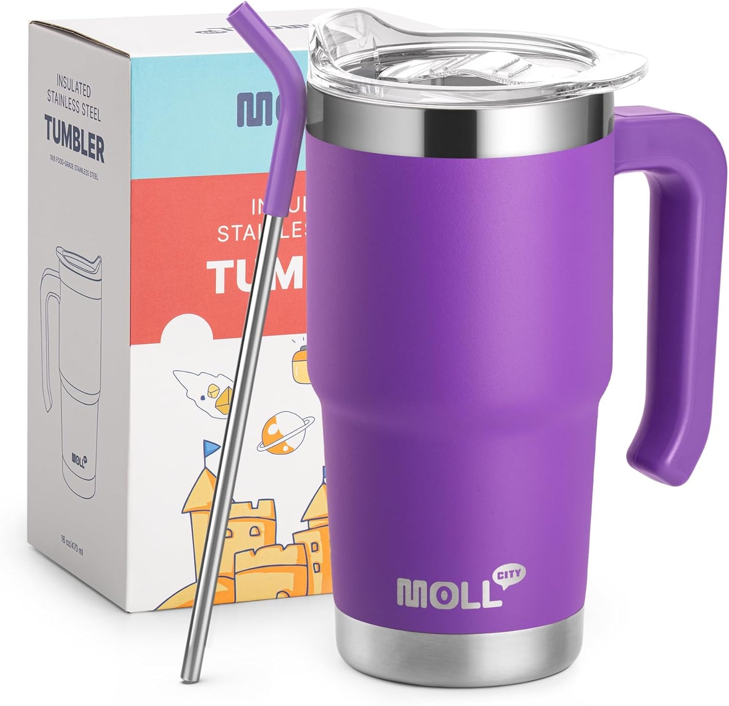 Kids 16 oz Tumbler with Handle-Stainless Steel Double Wall Vacuum Insulated Water Cup with Lid and Straw, Leak Proof- BPA Free, Purple