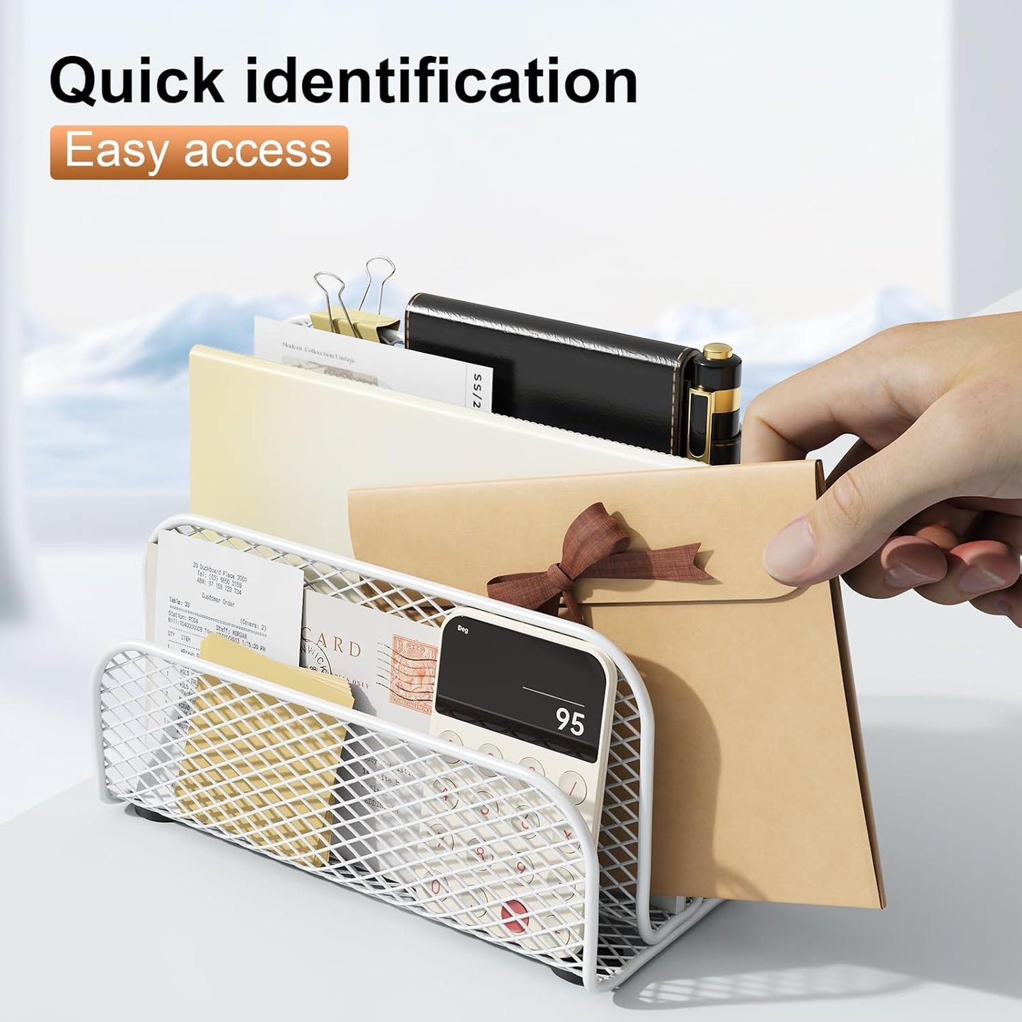 gianotter Mail Organizer Countertop, Metal File Holder with 3-Slot, Bill Organizer for Office Receipts and Letter Paper Storage (White)