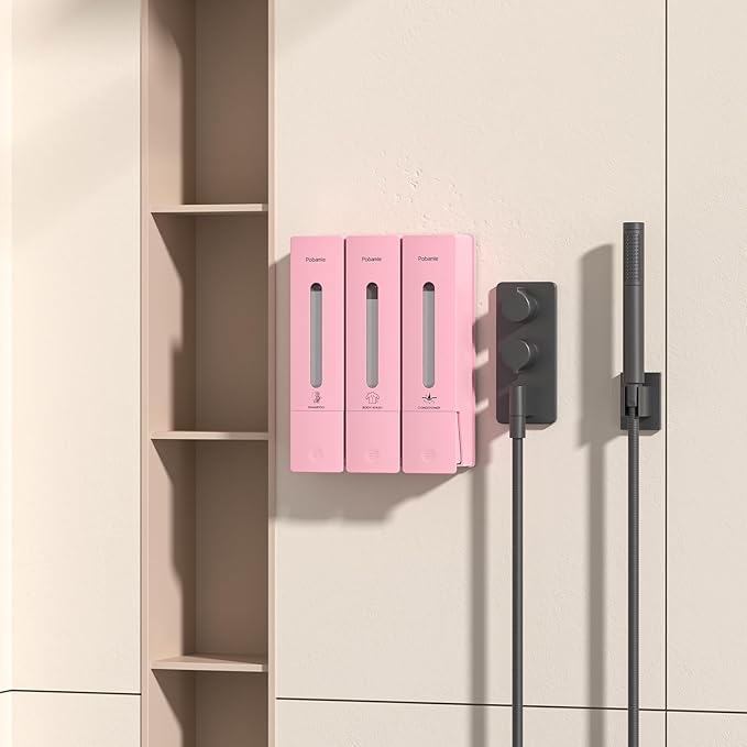 1984 Shower Soap Dispenser Bathroom Set Shampoo Conditioner Body Wash Dispenser Wall Mounted Shower Shampoo Dispenser 3 Chamber No Drill for Home Star Hotel 3 x 400ml Pink