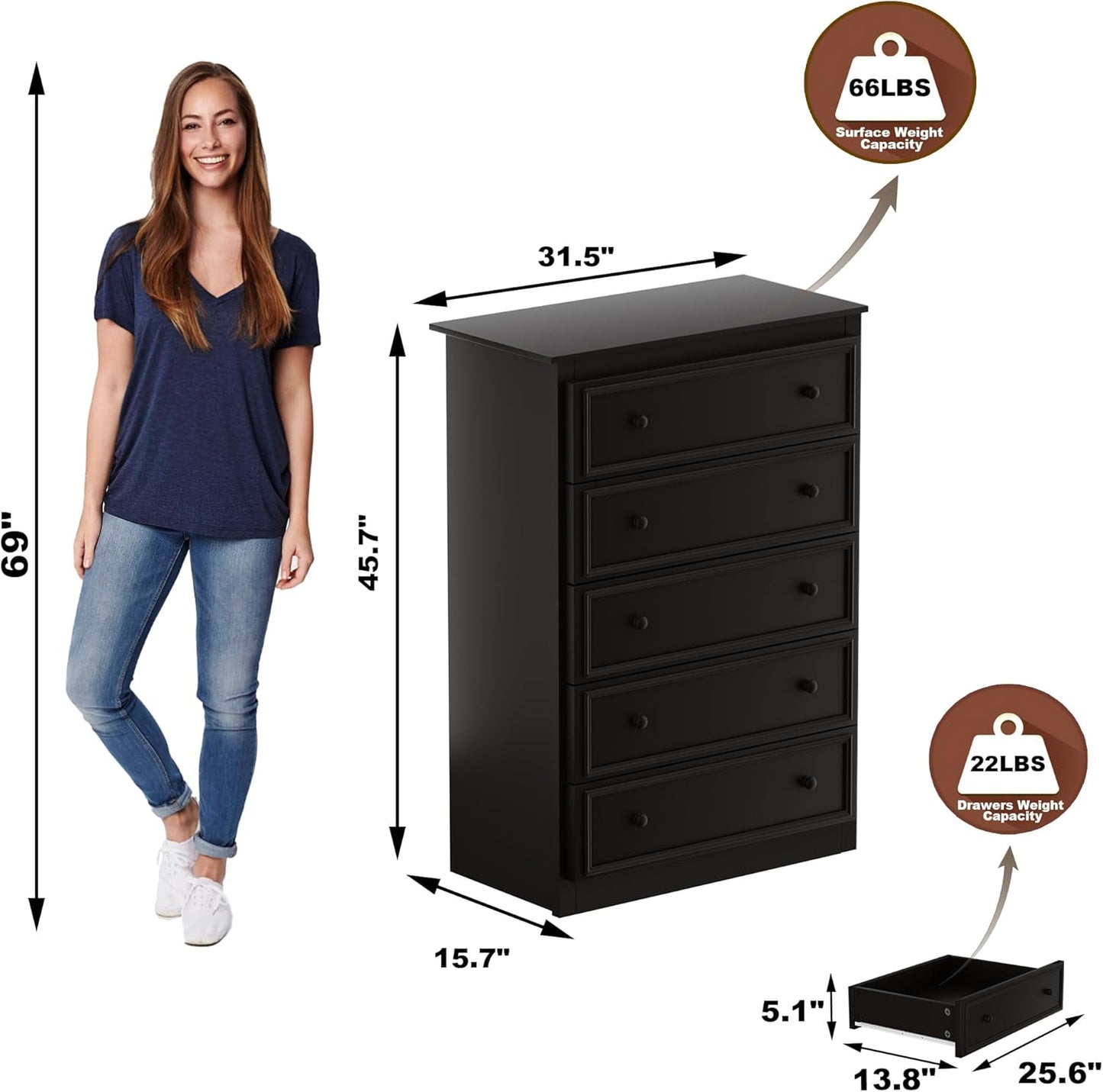 5 Drawer Dresser for Bedroom, Tall Wooden Chest of Drawers with Spacious Top, Modern Storage Organizer Cabinet for Closet, Nursery, Living Room, 15.7" D x 31.5" W x 45.7" H (Chocolate)