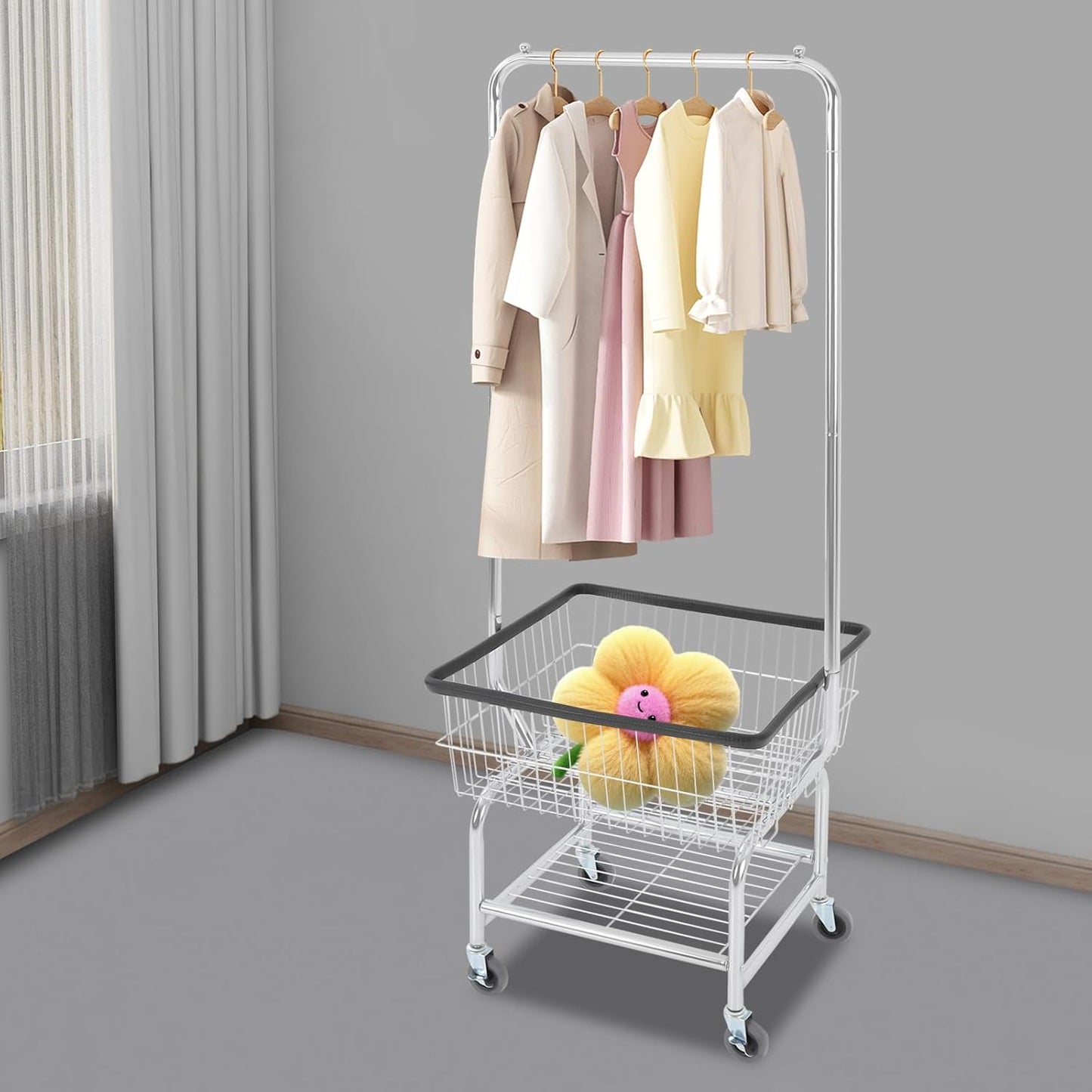 Laundry Basket with Wheels,Commercial Laundry Basket Cart,Heavy Duty Rolling Wire Lau-ndry Cart with Rod Rack for Clothes Storage (Type 3)
