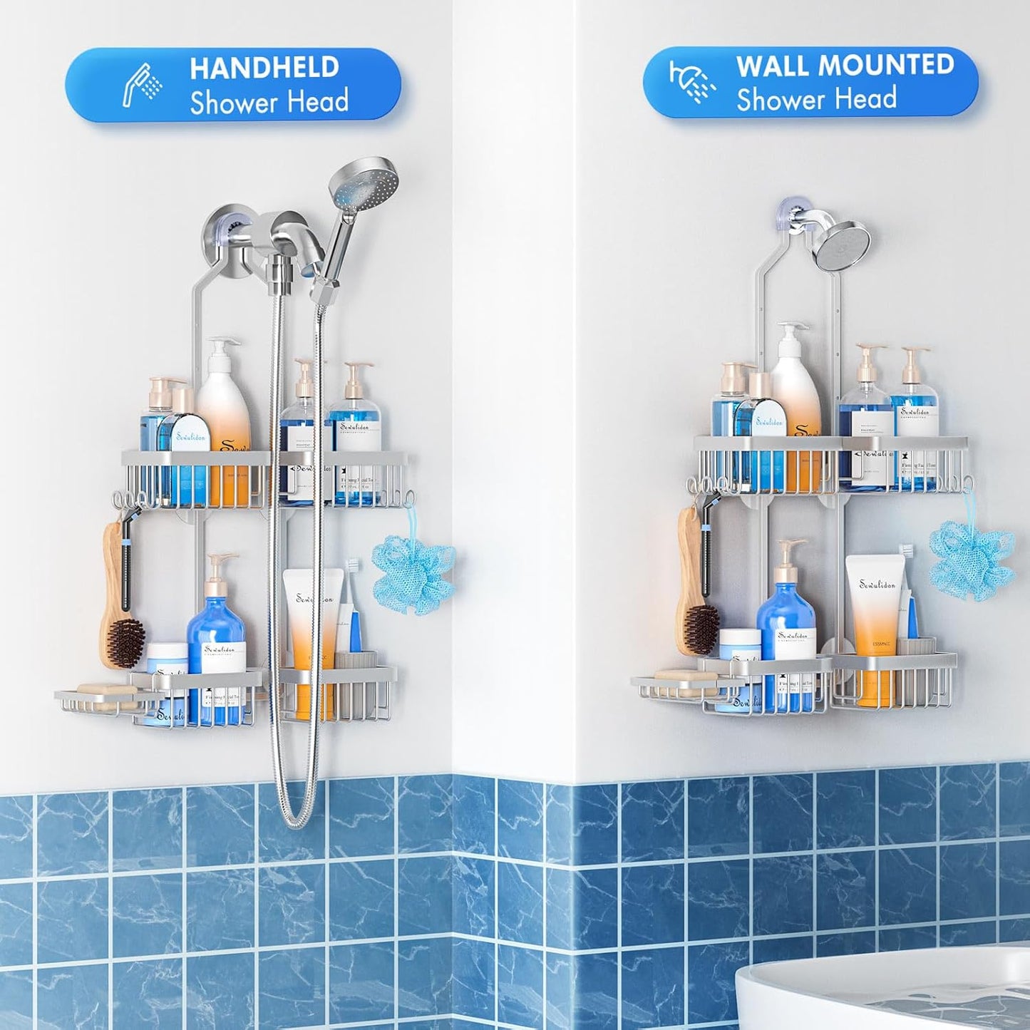 Aluminum Alloy Hanging Shower Caddy for Handheld Shower Heads,Rustproof Hose Shower Organizer 4 Levels Height Adjustable Shower Rack with Hooks,Razor Holder,Soap Holder