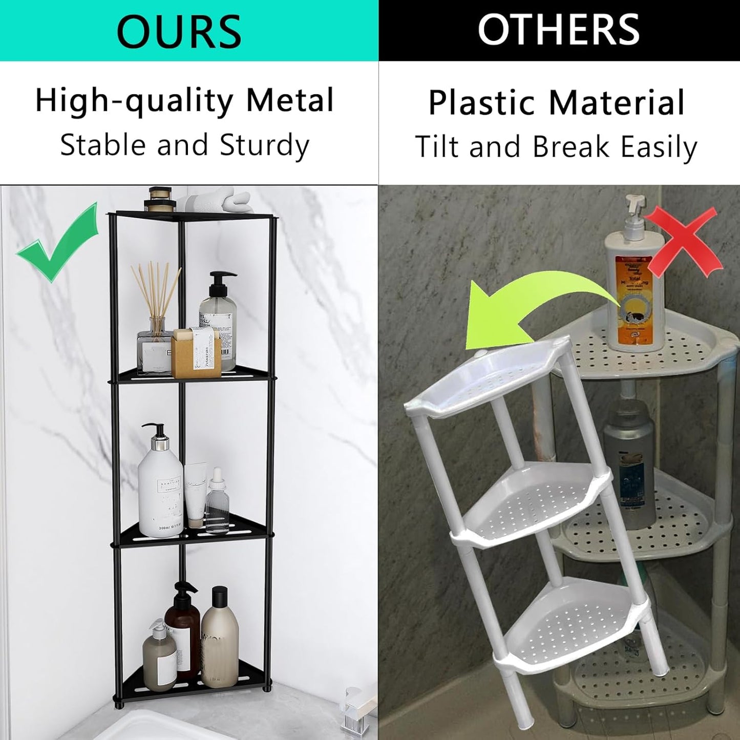Standing Corner Shower Caddy, 4 Tier Stainless Steel Organizer Stand, Rustproof Shelves for Inside Shower, Black