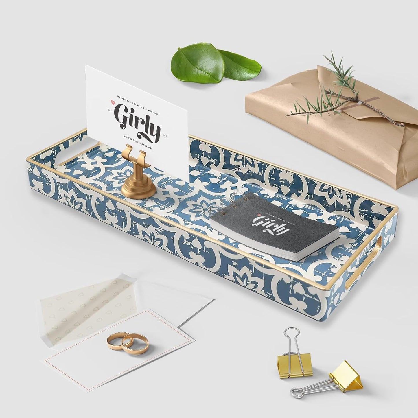 Bathroom Vanity Tray for Countertop, Small Plastic Toilet Tank Tray Versatile Storage & Organization Tray for Makeup, Perfume, Desk, Kitchen, Candles, 13.7"x6"x1.4", 35Boho1