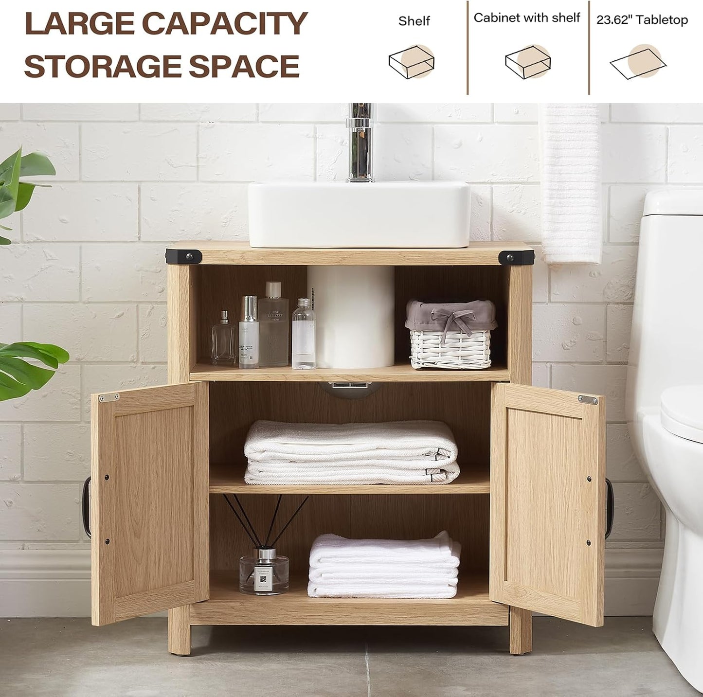 Bathroom Floor Cabinet, Adjustable Shelf, Barn Doors, Farmhouse Bathroom Storage Cabinet for Kitchen, Living Room (Natural Oak)