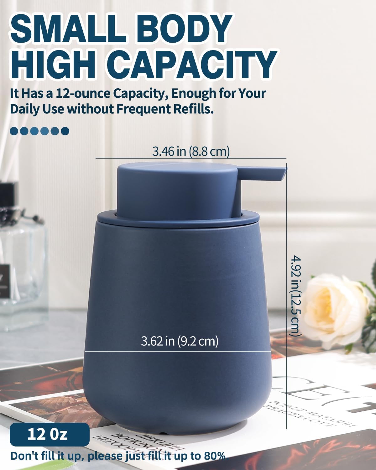 Bosilunlife Soap Dispenser Bathroom - Blue Ceramic Soap Dispenser Lotion Hand Pump Dish Soap Bottle for Kitchen 12oz Refillable Liquid Hand Wash Dispenser for Bathroom