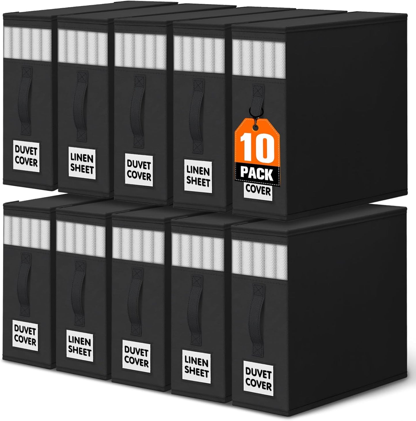 WOWBOX Sheet Organizers and Storage,Closet Bed Sheet Organizer Under Bed Storage and Organization with Label Cards & Clear Window for Bedding Sheets,Duvet Covers,Blankets (10 Pack，Black)