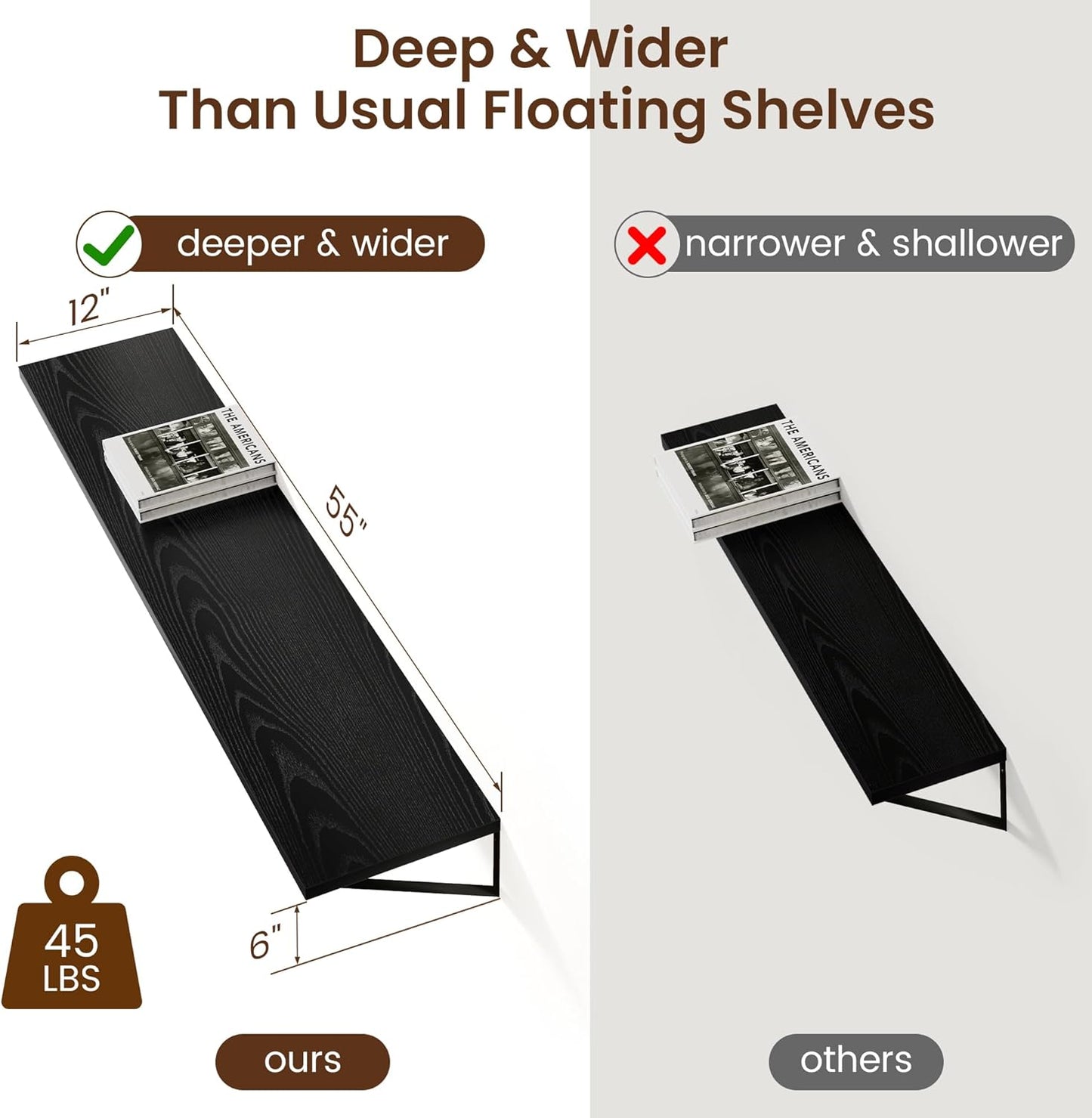 Axeman Floating Shelves for Wall Black- 55 Inch Wide x 12 Inch Deep Wall Shelves Set of 2 - Black Deep Wood Floating Shelves for Living Room Bedroom Laundry Room