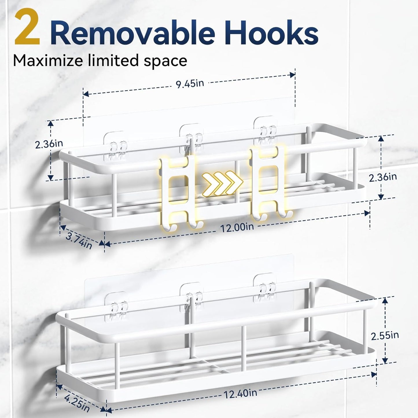 YASONIC Shower Caddy Adhesive, No Drill Bathroom Shower Organizers, with Removable Hooks, Rust Proof Shower Shelves, Wall-Mounted Shower Holder, White, 2 Pack