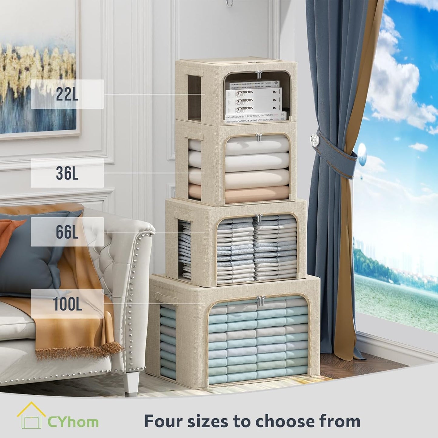 CYhom Clothes Storage Bins Box - Linen Fabric Foldable Stackable Container Organizer Set with Clear Window & Carry Handles & Metal Frame - 2Pack Large Capacity for Bedding, Blankets, Books