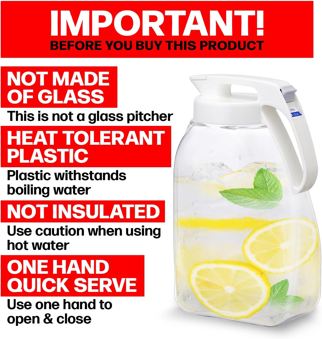 QuickServe Large Airtight Pitcher - 3L (101oz), Heat Resistant, BPA-Free SAN Plastic, One Touch Open & Close, Space-Saving, Made in Japan - White