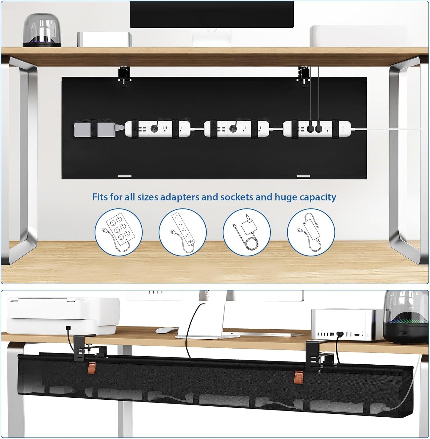 Zilink No Dril Under Desk Cable Management Tray 40" Cable Organizer Clamp/Screw Mount Premium Fabric Desk Wire Management for Office Home