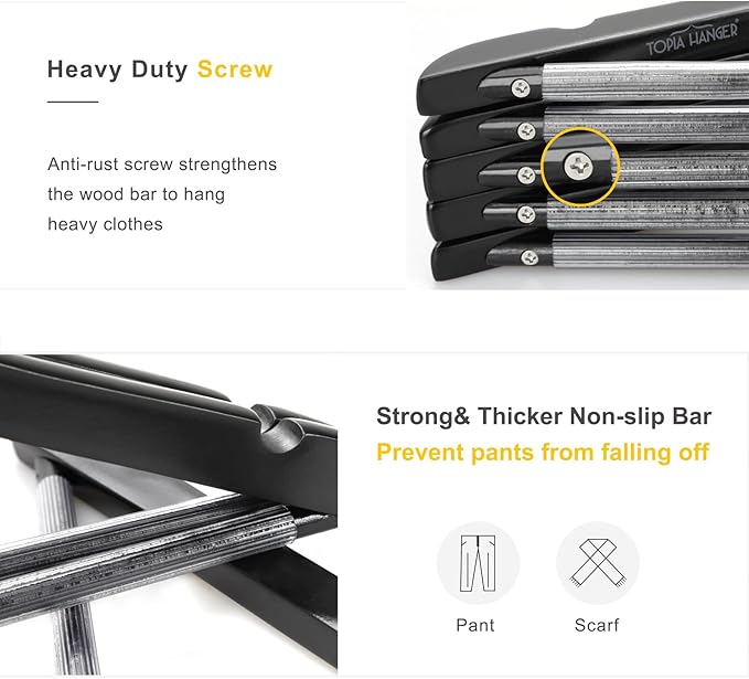 TOPIA HANGER Premium Wooden Hangers, Luxury Boutique Wood Hangers with Extra Thick Hook and Non Slip Pants Bar, Heavy Duty Coat Hanger with Notches 16 Pack, Black -CT01B