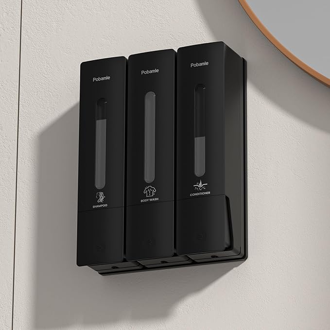 1984 Shower Soap Dispenser Bathroom Set Shampoo Conditioner Body Wash Dispenser Wall Mounted Shower Shampoo Dispenser 3 Chamber No Drill for Home Star Hotel 3 x 400ml Black