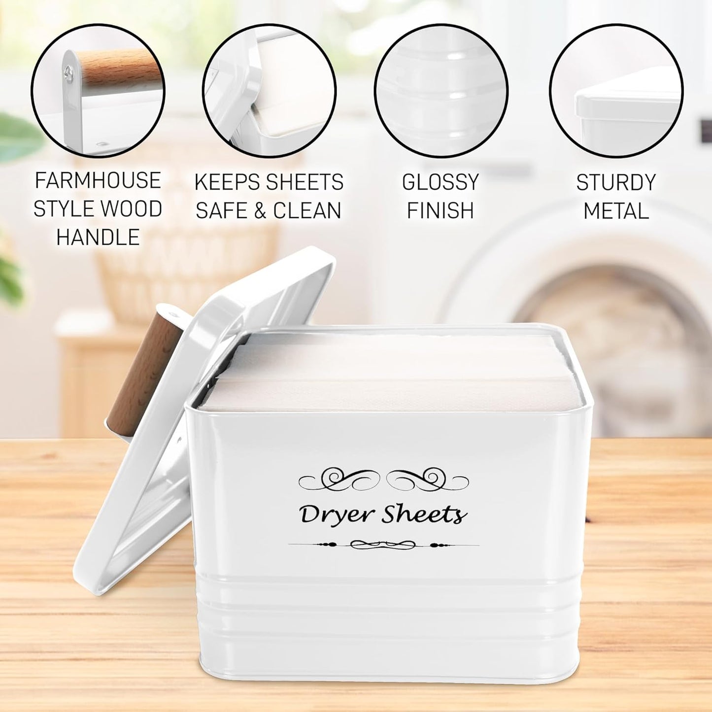 ELITAPRO Dryer Sheets Holder for Laundry Room - Farmhouse Dryer Sheet Box with Lid - Laundry Room Decor & Accessories - Metal Dryer Sheet Container for Laundry Room Organization & Storage (White)