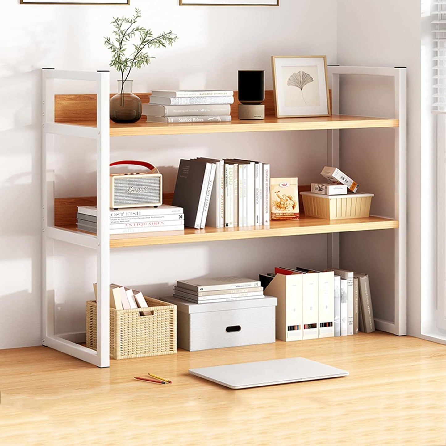 Desktop Bookcase for Computer Desk,2 Tier Adjustable Desk Bookshelf, Wood and Metal Printer Stand Office Supplies Organizers and Storage Display Shelf