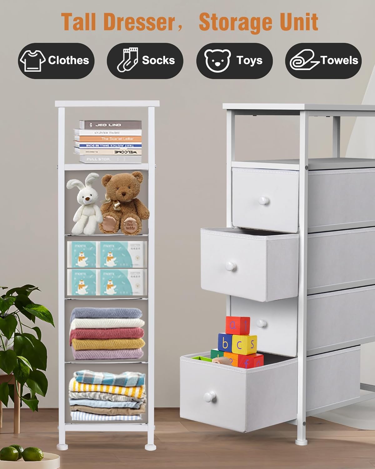 Narrow Dresser for Bedroom, Fabric Tall Dresser & Chests of Drawers with 4 Drawers, Vertical Organizer Storage Tower Unit for Bedroom, Hallway, Entryway White