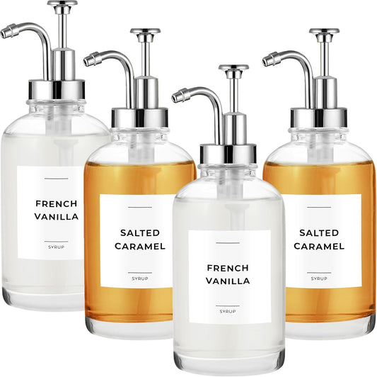 Coffee Syrup Dispenser with Pump - Includes 24 Flavor Labels - Glass Syrup Dispenser for Coffee Bar - Elevate your Beverage Station with 16.9 fl oz Flavoring Container Bottles, 4pcs, Silver