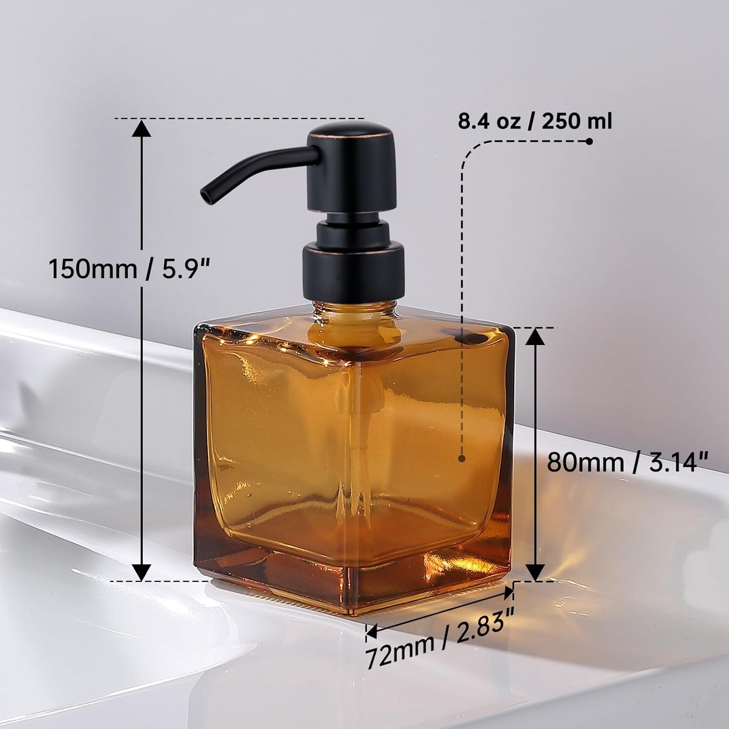 Square Bathroom Soap Dispenser Amber Bottle with Oil Rubbed Bronze Pump, Retangle Cube 8.4 oz Glass Bottles with Stainless Steel Pump Hand Liquid Soap Dispenser Kitchen