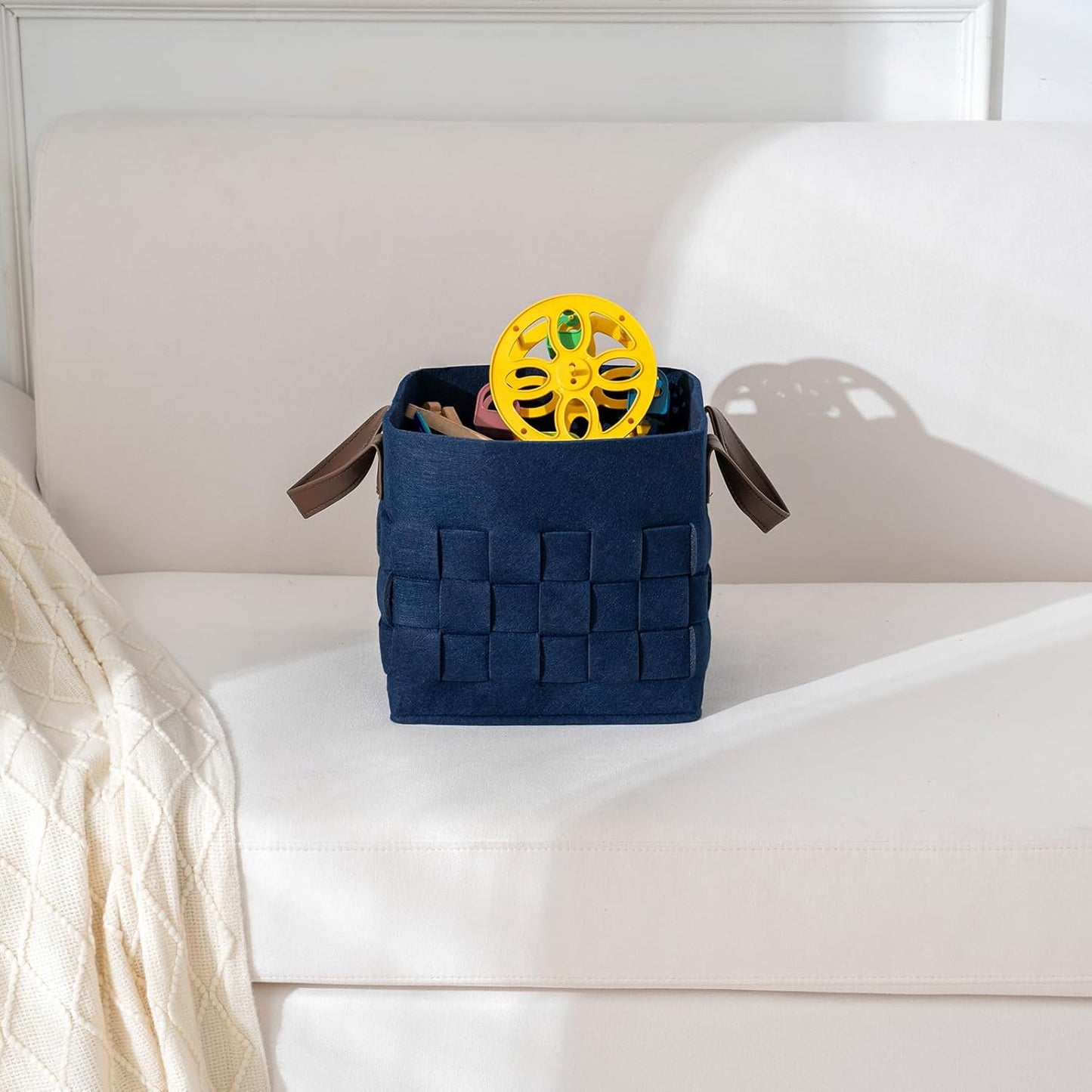 Bold monkey Storage Basket 3 Pack, Medium 10" x10" x10 " Baskets for Shelves with Leather Handle, Cube Felt Fabric Storage Box for Bedroom, Nursery, Living Room -Navy blue