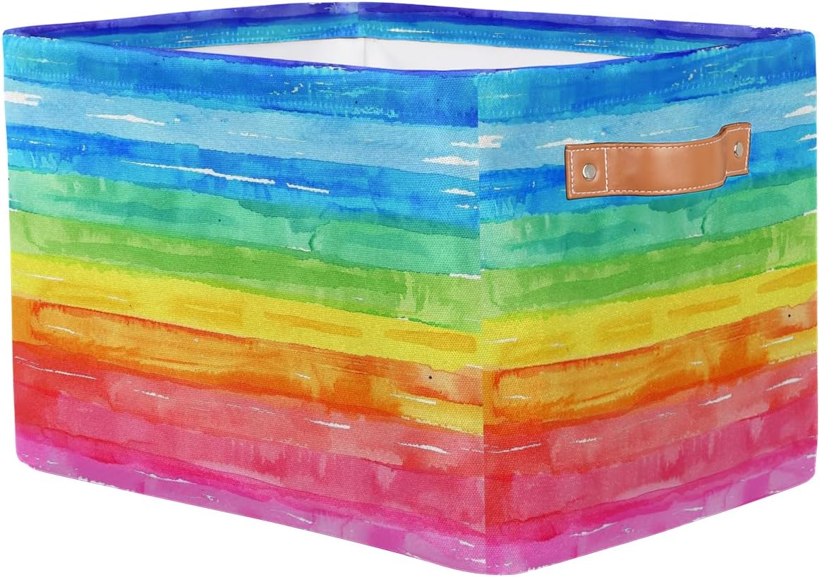 Watercolor Rainbow Storage Basket for Shelves, Storage Bins with Handles, Collapsible Basket for Organizing, Closet Toy Baskets for Nursery Room, 15x11x9.5 in, Canvas, Rainbow Colored