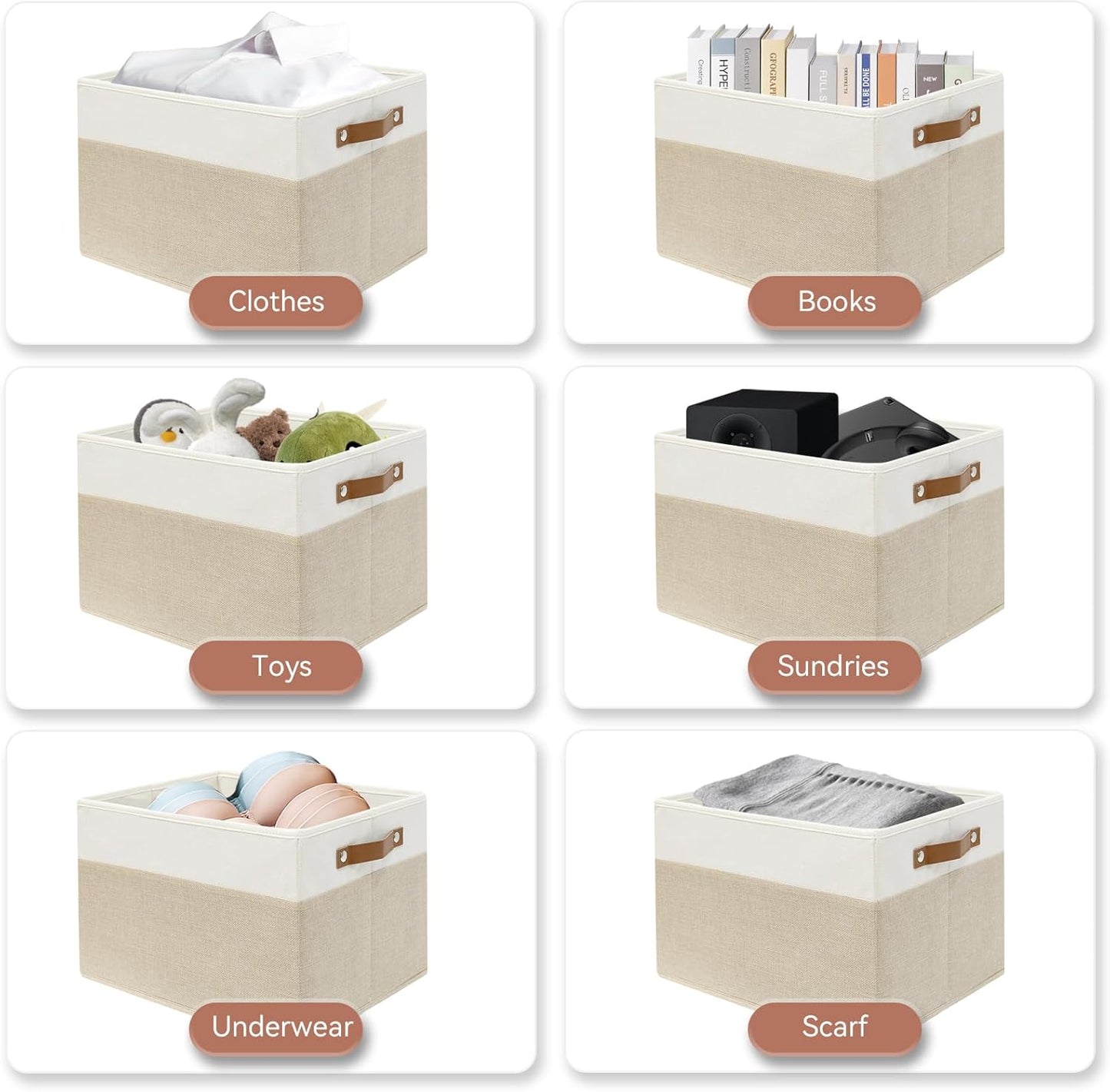 SNWDN 4 Pack Fabric Storage Baskets for Organizing Collapsible Fabric Storage Bins with Handles for Home and Office Organizing (White/Beige 15''Lx10.2''Wx9''H)